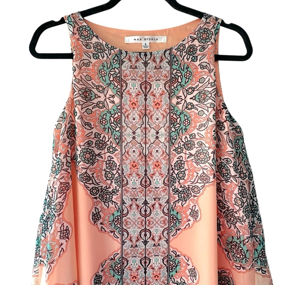 MAX STUDIO | NWOT SCARF PRINT SLEEVELESS SHIFT DRESS PEACH FLORAL | SIZE: SMALL - Picture 3 of 12